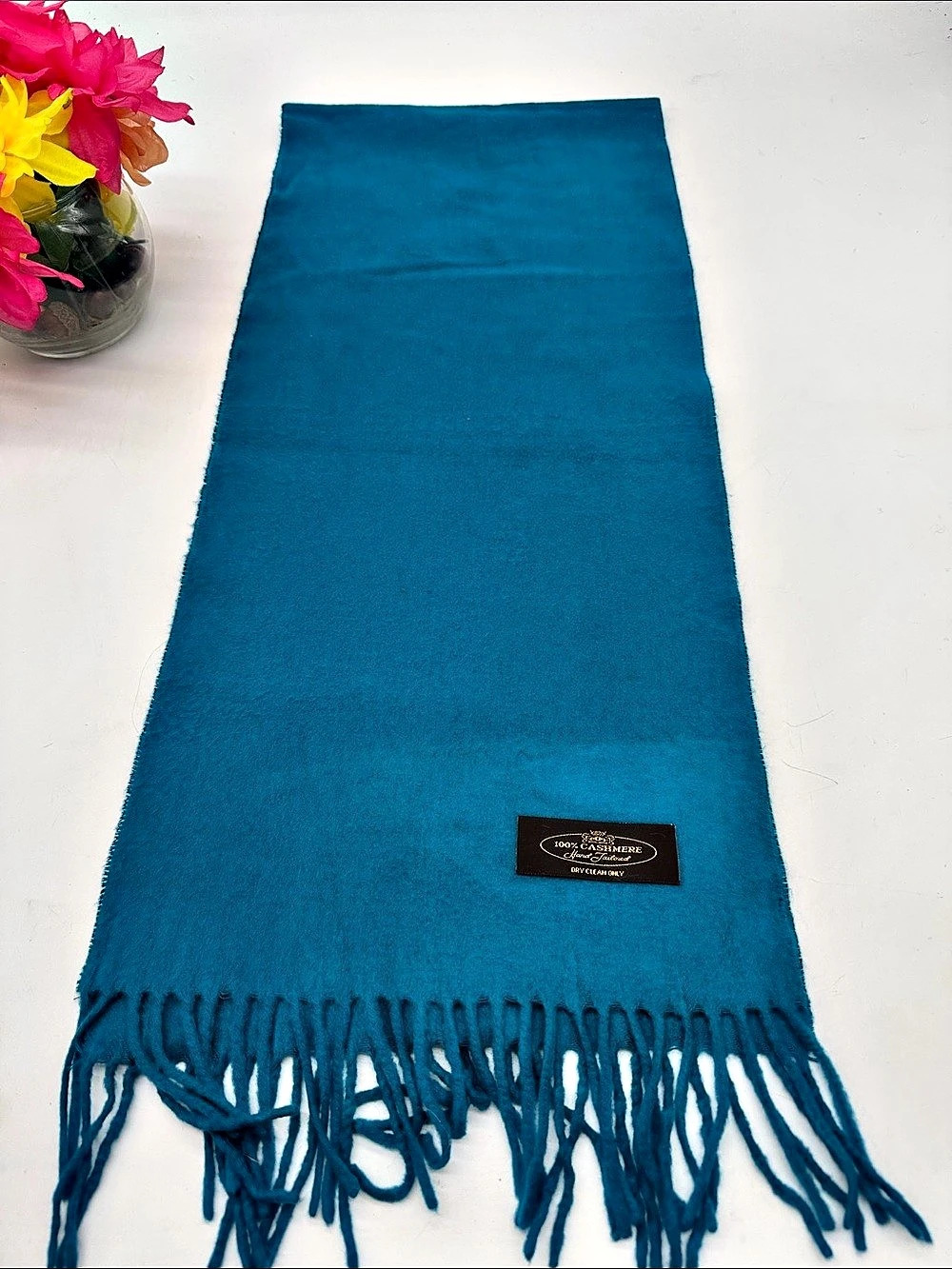 100% Cashmere Fringe Scarf in Blue